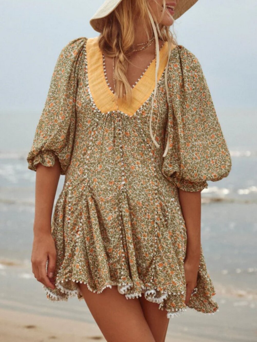 Free People Bali Coral Mini Dress Womens L Yellow Floral Billowy Flowy Boho NEW